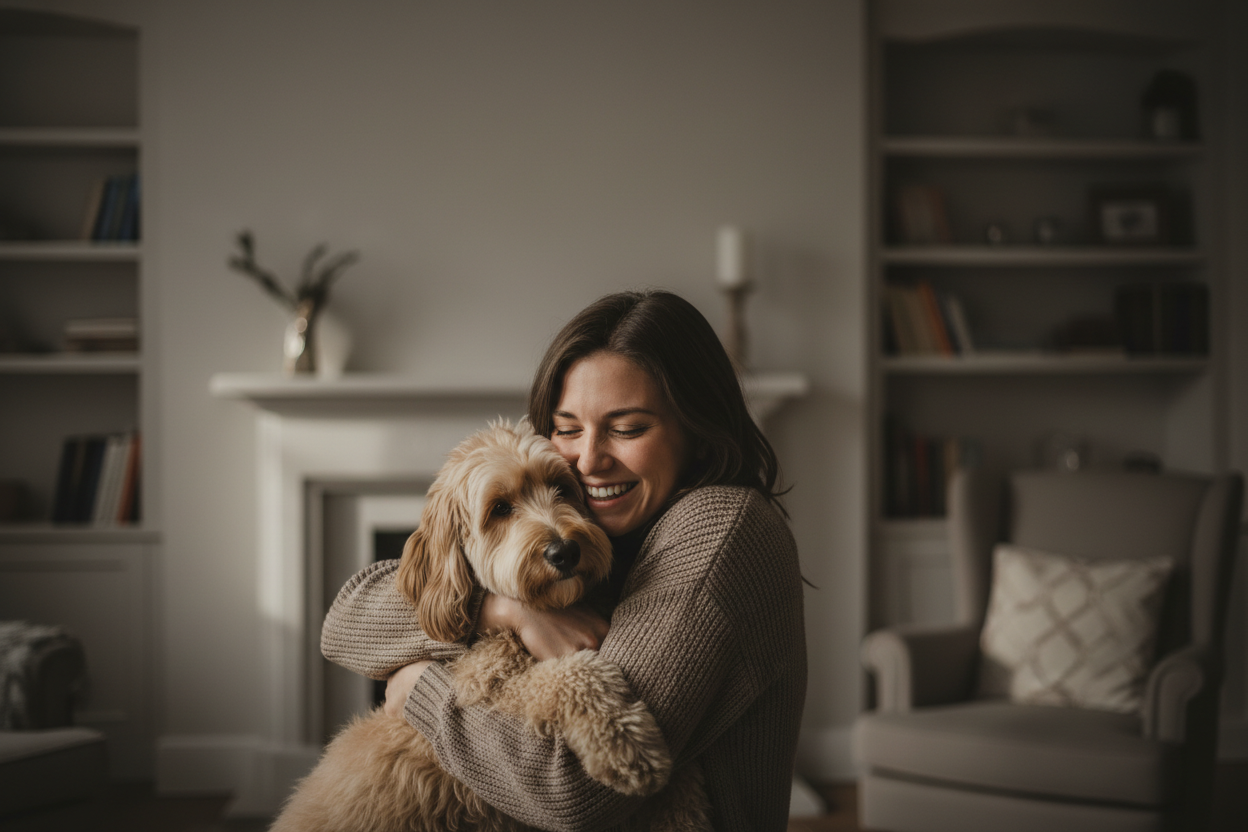Eier og hund i varme grå toner