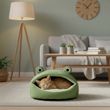 Small cat sleeping in frog-shaped bed