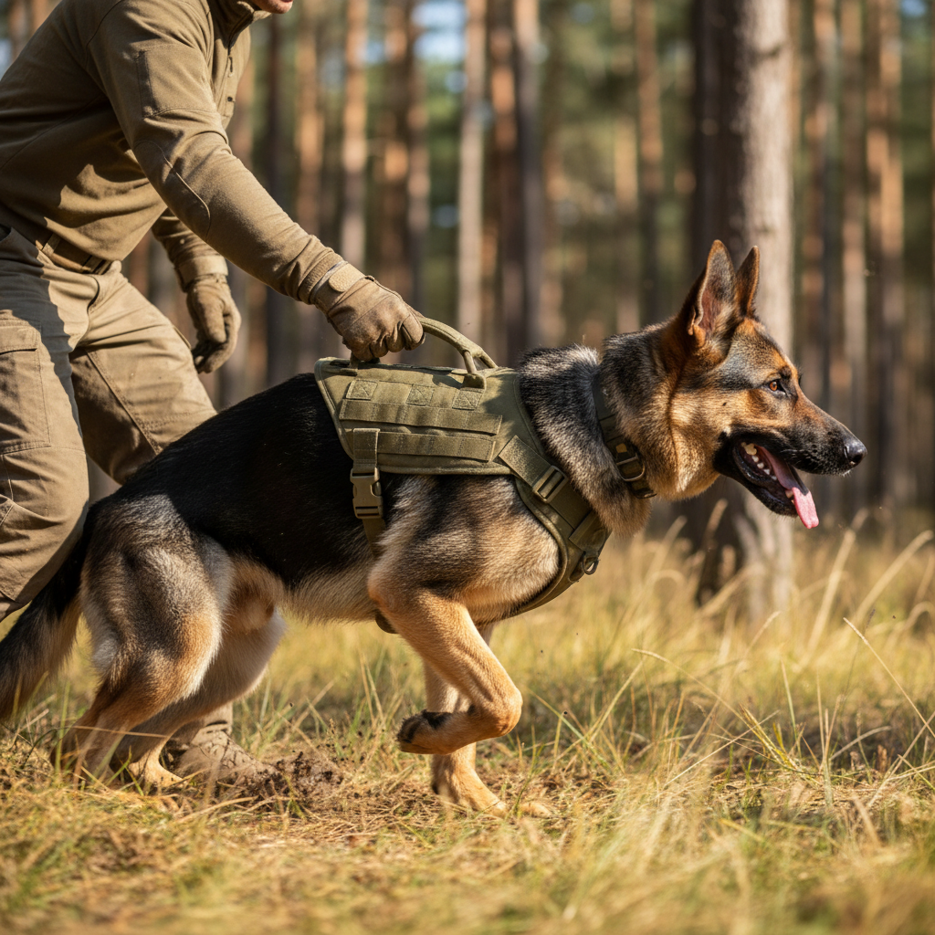 German Shepherd in tactical harness during training