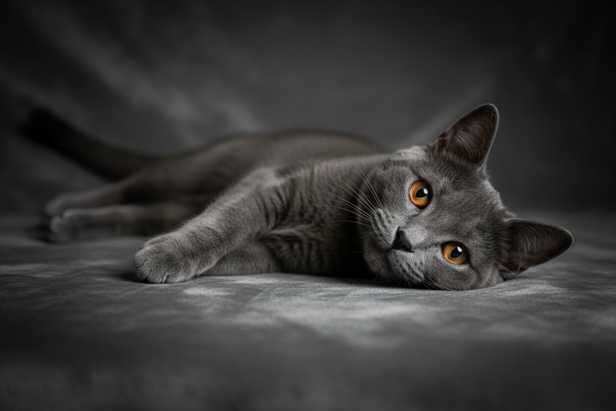 Mørk grå katt med hode på høyre side