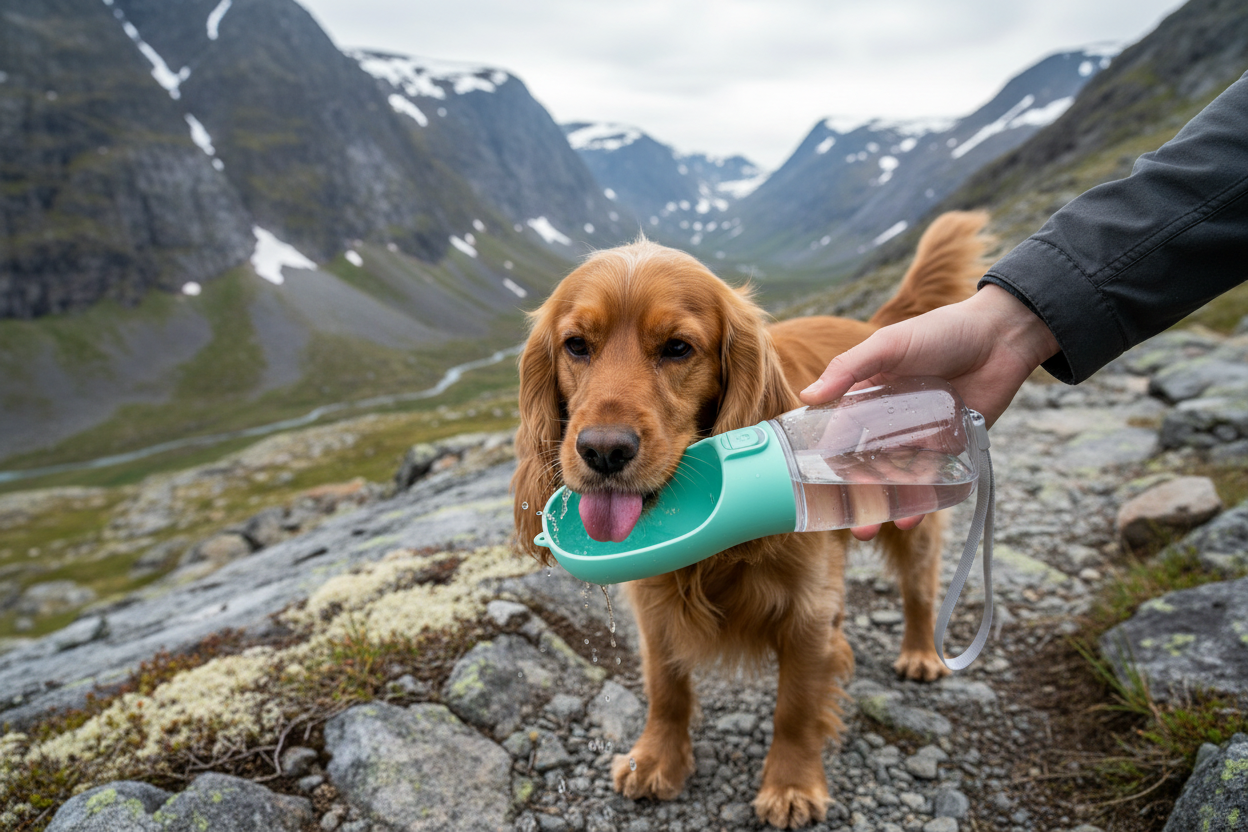 Spaniel drikker fra drikkeflaske på fjelltur