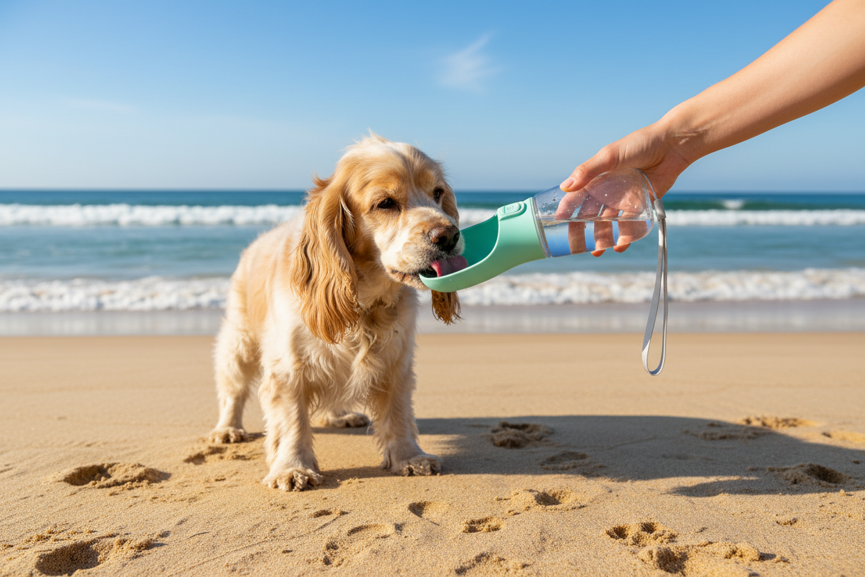 Spaniel drikker fra drikkeflaske på stranden